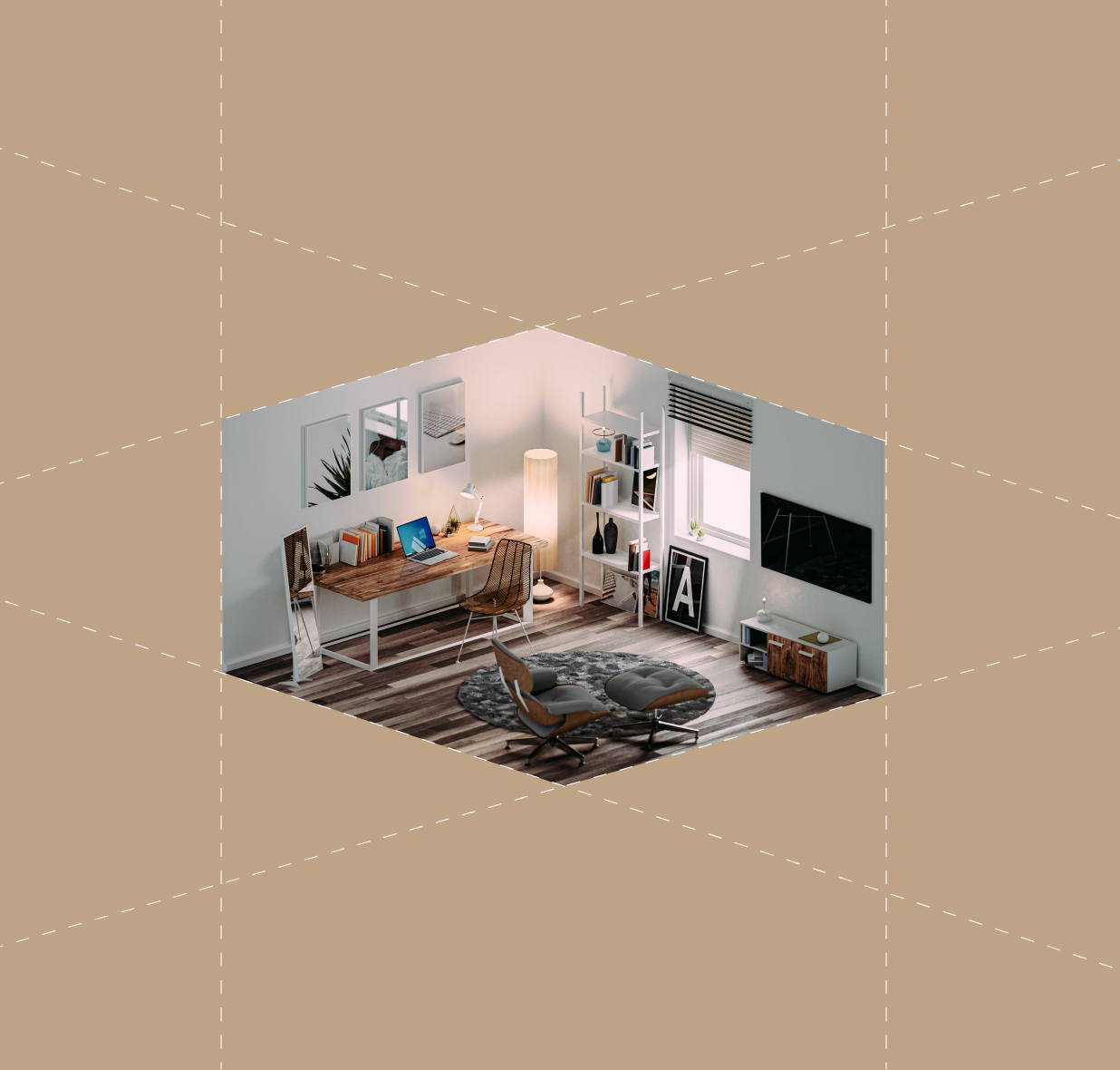 Graphic depicting a hexagonal cropped photo of an interior room design with grid lines along its borders.