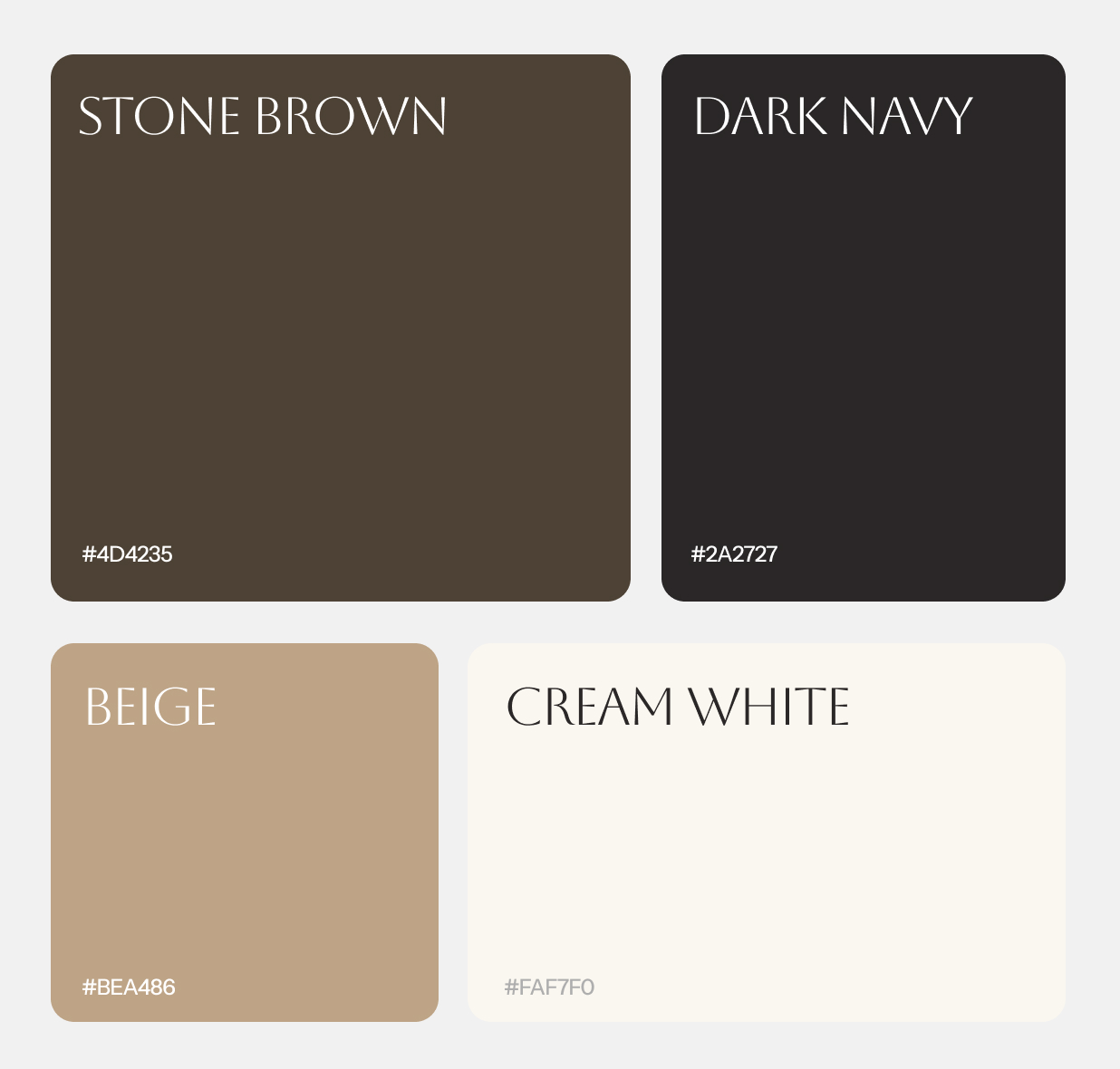 Graphic depicting a color palette of Stone Brown, Dark Navy, Beige, and Cream White along with corresponding hex color codes.