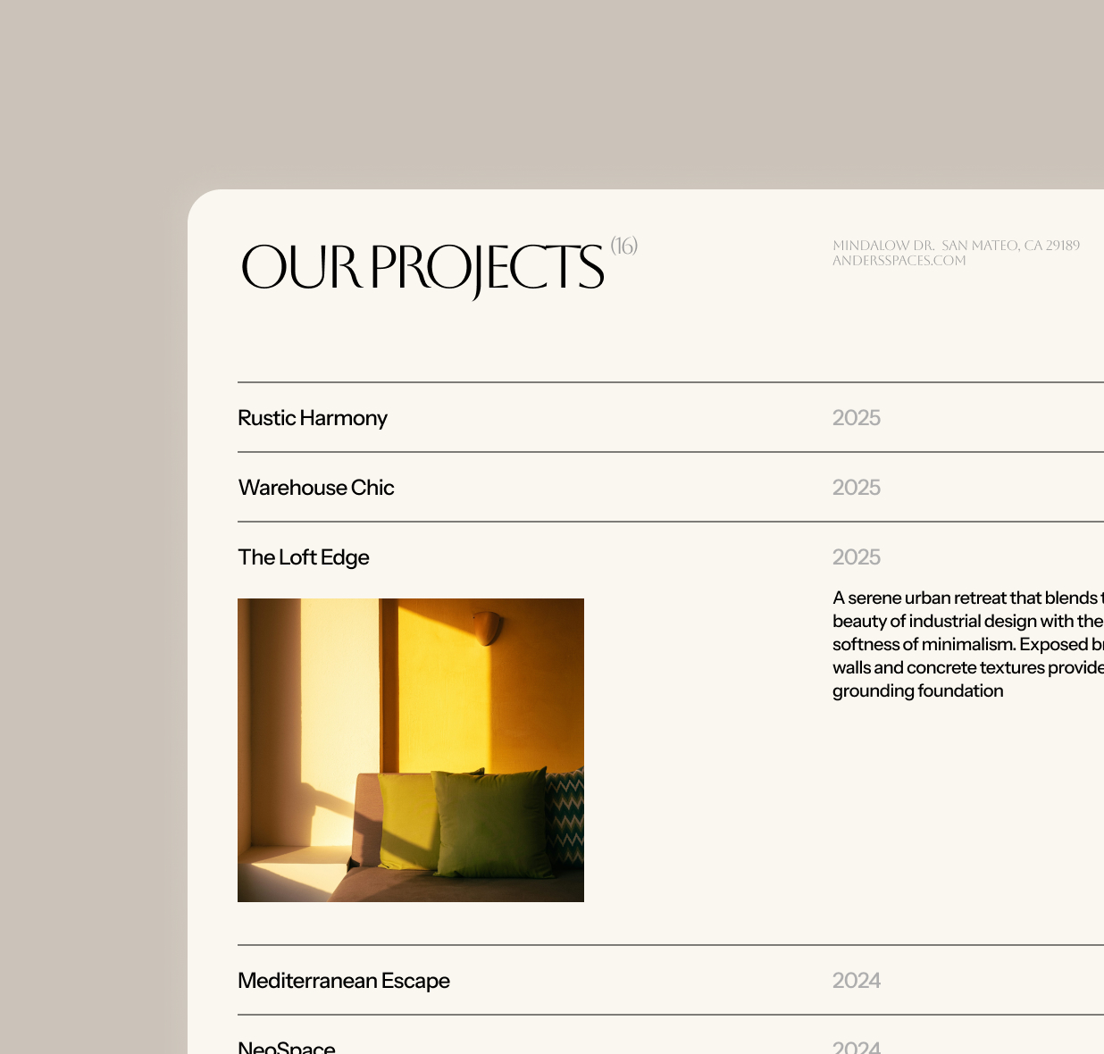 Graphic of a close up of a website depicting an Our Projects page with sample project names and dates.